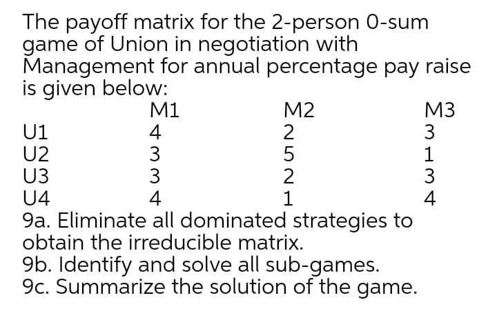 The payoff matrix for the 2-person 0-sum
game of Union in negotiation with
Management for annual percentage pay raise
is given below:
M1
4
3
3
4
M2
2
5
2
1
M3
3
U1
U2
U3
U4
9a. Eliminate all dominated strategies to
obtain the irreducible matrix.
1
3
4
9b. Identify and solve all sub-games.
9c. Summarize the solution of the game.
