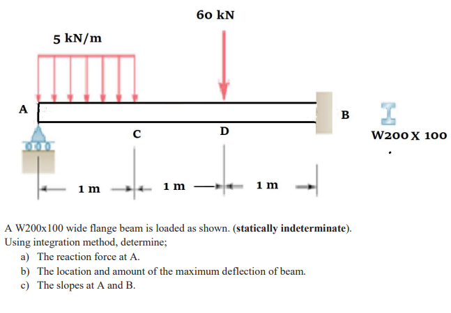 A
5 kN/m
1 m
с
1 m
60 KN
D
1 m
B
A W200x100 wide flange beam is loaded as shown. (statically indeterminate).
Using integration method, determine;
a) The reaction force at A.
b) The location and amount of the maximum deflection of beam.
c) The slopes at A and B.
I
W200 X 100