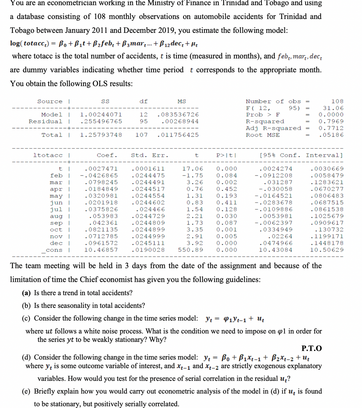 You are an econometrician working in the Ministry of Finance in Trinidad and Tobago and using
a database consisting of 108 monthly observations on automobile accidents for Trinidad and
Tobago between January 2011 and December 2019, you estimate the following model:
log( totacc,) =
Bo +Bit+B2feb, + Bzmar,.. +ß12dec, + µ,
where totacc is the total number of accidents, t is time (measured in months), and feb, mar,, dec,
are dummy variables indicating whether time period t corresponds to the appropriate month.
You obtain the following OLS results:
Number of obs
F( 12,
Source
SS
df
MS
108
95)
31.06
Model
1.00244071
12
.083536726
Prob > F
0.0000
Residual
.255496765
95
.00268944
R-squared
Adj R-squared
0.7969
--+--
0.7712
Total
1.25793748
107
.011756425
Root MSE
%3D
.05186
ltotacc
Coef.
Std.
Err.
t
P>|t]
[95% Conf.
Interval]
.0027471
.0001611
17.06
0.000
.0024274
.0030669
.0244475
.0244491
feb
-.0426865
-1.75
0.084
-.0912208
.0058479
mar
.0798245
3.26
0.002
.031287
.1283621
аpr
.0184849
.0244517
0.76
0.452
-.030058
.0670277
.0320981
-.0164521
.0806483
may |
jun |
jul |
.0244554
1.31
0.193
.0201918
.0375826
.053983
.0244602
0.83
0.411
-.0283678
.0687515
.024466
1.54
0.128
-.0109886
.0861538
aug
.0244729
2.21
0.030
.0053981
.1025679
.042361
.0244809
1.73
0.087
-.0062397
.0909617
sep
oct
.0821135
.0244899
3.35
0.001
.0334949
.130732
.0244999
.0245111
nov
.0712785
2.91
0.005
.02264
.1199171
dec |
.0961572
3.92
0.000
.0474966
.1448178
cons
10.46857
.0190028
550.89
0.000
10.43084
10.50629
The team meeting will be held in 3 days from the date of the assignment and because of the
limitation of time the Chief economist has given you the following guidelines:
(a) Is there a trend in total accidents?
(b) Is there seasonality in total accidents?
(c) Consider the following change in the time series model: yt = P1Yt-1 + Uz
where ut follows a white noise process. What is the condition we need to impose on p1 in order for
the series yt to be weakly stationary? Why?
Р.Т.О
Bo + B1xt-1 + B2Xt-2 + Ut
(d) Consider the following change in the time series model: y;
where y, is some outcome variable of interest, and x-1 and x-2 are strictly exogenous explanatory
variables. How would you test for the presence of serial correlation in the residual u;?
(e) Briefly explain how you would carry out econometric analysis of the model in (d) if u̟ is found
to be stationary, but positively serially correlated.
