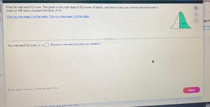 Find the indicated IQ score. The graph to the nght depicts 1Q scores of aduts, and those scores are nomaly detrinded with a
mean of 100 and a standard deviation of 15.
Click to vinw.page Lot the.tabe. Click to view.oe 2.ot.the. atle.
gg V
The indicated IQ score, x, is (Round to one decimal place as needed)
Enter your answer in the answer box
Next
that smart
