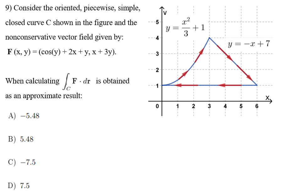 9) Consider the oriented, piecewise, simple,
closed curve C shown in the figure and the
nonconservative vector field given by:
F(x, y) = (cos(y) + 2x + y, x + 3y).
When calculating
Jc
as an approximate result:
A) -5.48
B) 5.48
C) -7.5
D) 7.5
Fdr is obtained
-5
-4
-3
-2
1
0
Y
1
3
+1
2
3
I
y = -x + 7
X₂
4 5
6