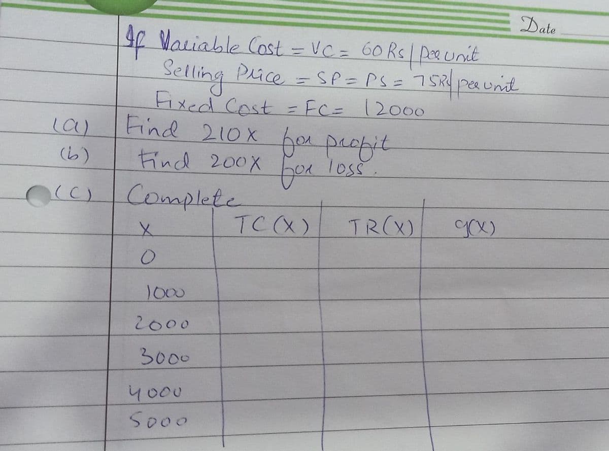 Date
Ap Wariable Cast = VC = 60 Rs| paunit
Selling
tixed Cost = FC= 12000
Find 210x fer peofit
Plice = SP= PS= 75R pea unit
%3D
%3D
profit.
fer
(b)
Find 200X fox loss.
Complete
TC(X)
(C)
TRCX)
yox)
1000
2000
3000
So00
