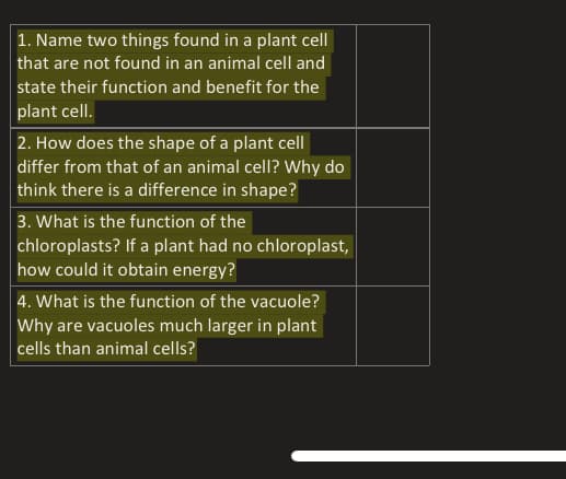 1. Name two things found in a plant cell
that are not found in an animal cell and
state their function and benefit for the
plant cell.
2. How does the shape of a plant cell
differ from that of an animal cell? Why do
think there is a difference in shape?
3. What is the function of the
chloroplasts? If a plant had no chloroplast,
how could it obtain energy?
4. What is the function of the vacuole?
Why are vacuoles much larger in plant
cells than animal cells?
