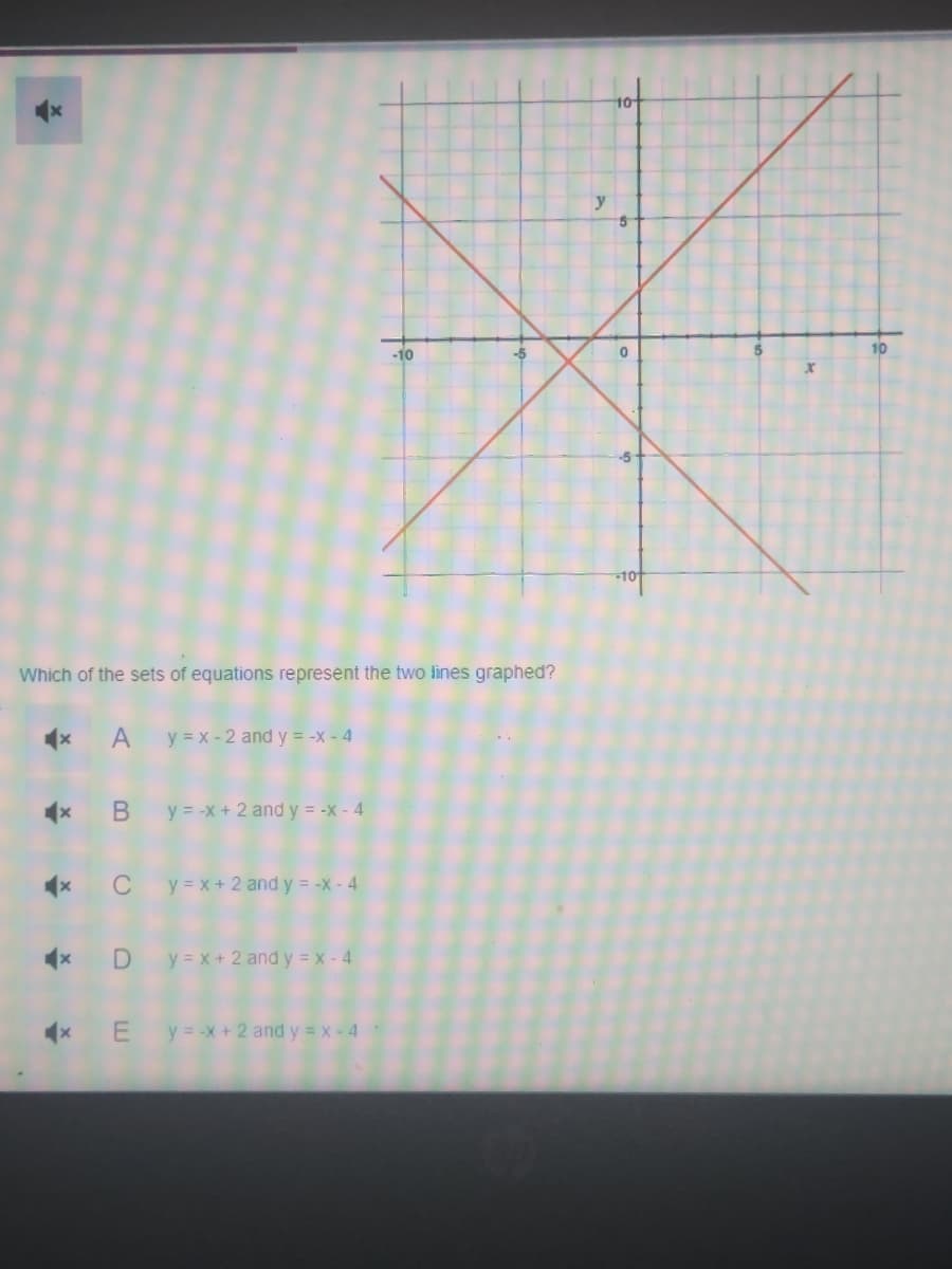 Which of the sets of equations represent the two lines graphed?
4× A
By = -x + 2 and y = -x - 4
y = x -2 and y=-x-4
xC_y=x+ 2 and y = -x - 4
4x D
4x E
y = x + 2 and y = x - 4
-10
y = -x + 2 and y=x-4
10
0
X
10