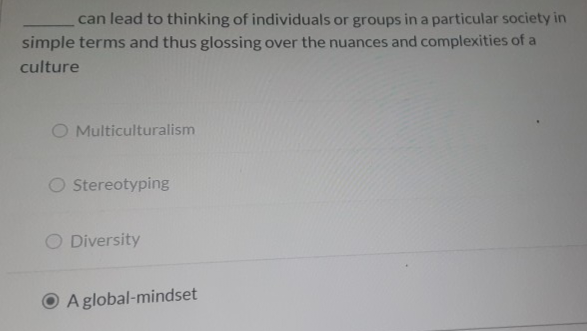 can lead to thinking of individuals or groups in a particular society in
simple terms and thus glossing over the nuances and complexities of a
culture
O Multiculturalism
Stereotyping
Diversity
A global-mindset