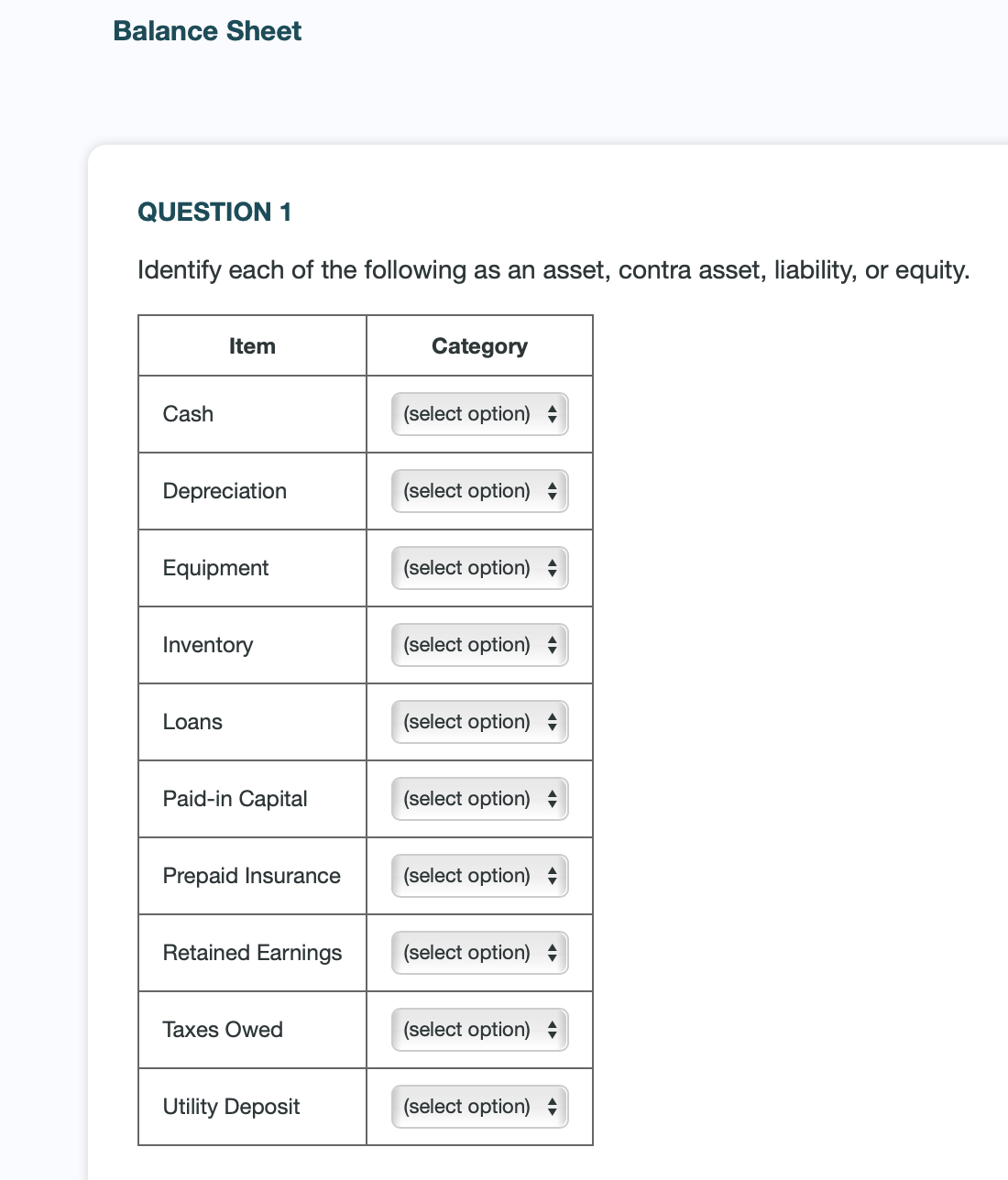 Balance Sheet
QUESTION 1
Identify each of the following as an asset, contra asset, liability, or equity.
Item
Category
Cash
(select option)
Depreciation
(select option) ÷
Equipment
(select option)
Inventory
(select option)
Loans
(select option)
Paid-in Capital
(select option) ÷
Prepaid Insurance
(select option)
Retained Earnings
(select option)
Taxes Owed
(select option) ÷
Utility Deposit
(select option)
