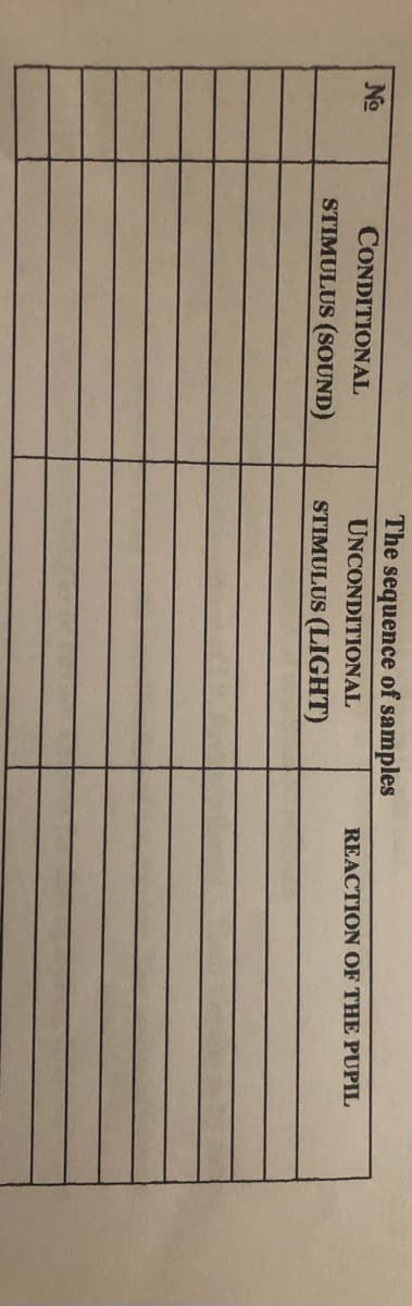The sequence of samples
No
CONDITIONAL
UNCONDITIONAL
REACTION OF THE PUPIL
STIMULUS (SOUND)
STIMULUS (LIGHT)
