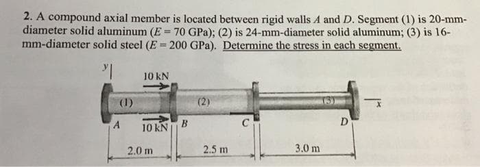 2. A compound axial member is located between rigid walls A and D. Segment (1) is 20-mm-
diameter solid aluminum (E = 70 GPa); (2) is 24-mm-diameter solid aluminum; (3) is 16-
mm-diameter solid steel (E = 200 GPa). Determine the stress in each segment.
(1)
A
10 kN
10 kN
2.0 m
B
(2)
2.5 m
C
3.0 m
D