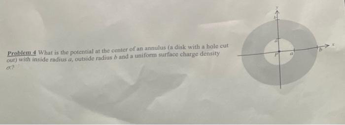 Problem 4 What is the potential at the center of an annulus (a disk with a hole cut
out) with inside radius a, outside radius b and a uniform surface charge density
a