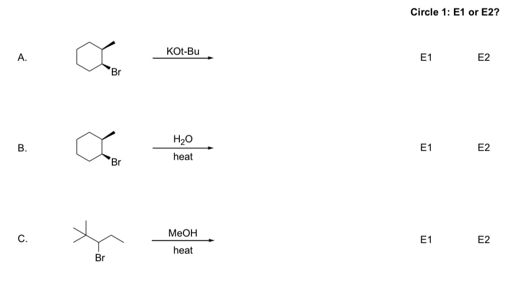 Circle 1: E1 or E2?
KOt-Bu
А.
Е1
E2
Br
H20
E1
E2
heat
Br
MeO
С.
Е1
E2
heat
Br
B.
