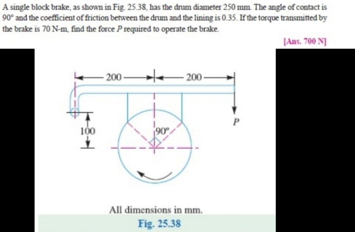 A single block brake, as shown in Fig. 25.38, has the drum diameter 250 mm. The angle of contact is
90° and the coefficient of friction between the drum and the lining is 0.35. If the torque transmitted by
the brake is 70 N-m, find the force P required to operate the brake.
100
200-
200-
All dimensions in mm.
Fig. 25.38
[Ans. 700 N]