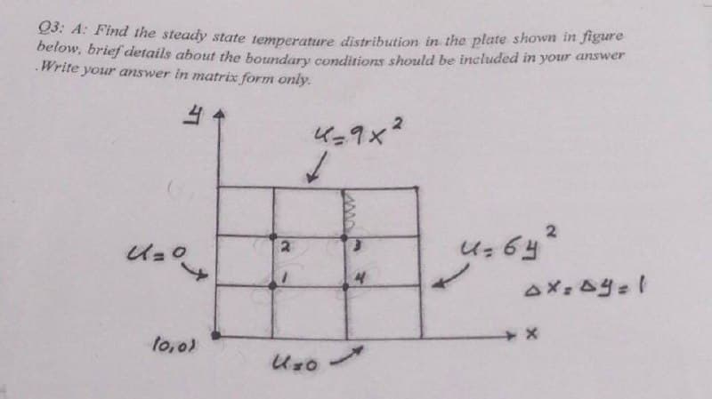 Q3: A: Find the steady state temperature distribution in the plate shown in figure
below, brief details about the boundary conditions should be included in your answer
.Write your answer in matrix form only.
4
U=0+
(0,0)
2
4=9x²
1
U zo
4
2
U=64²
4x=4y=1
X