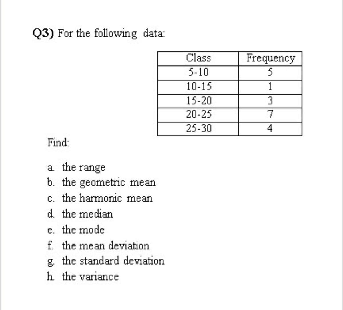 Q3) For the following data:
Class
Frequency
5
5-10
10-15
15-20
1
3
20-25
7
25-30
4
Find:
a. the range
b. the geometric mean
c. the harmonic mean
d. the median
e. the mode
f. the mean deviation
g. the standard deviation
h. the variance
