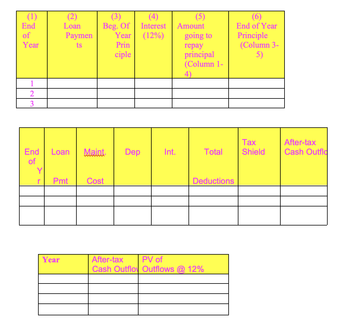 (1)
(3)
Beg. Of
Year
(4)
(2)
Loan
(5)
Amount
End
Interest
End of Year
(12%)
going to
Principle
(Column 3-
5)
of
Paymen
Year
ts
Prin
repay
principal
(Column 1-
4)
ciple
1
2
3
Tax
Shield
After-tax
End
Loan
Maint.
Dep
Int.
Total
Cash Outfld
of
Y
r
Pmt
Cost
Deductions
Year
After-tax
PV of
Cash Outflov Outflows @ 12%
