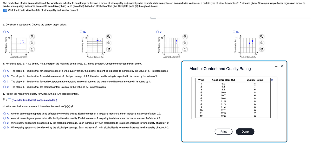 The production of wine is a multibillion-dollar worldwide industry. In an attempt to develop a model of wine quality as judged by wine experts, data was collected from red wine variants of a certain type of wine. A sample of 12 wines is given. Develop a simple linear regression model to
predict wine quality, measured on a scale from 0 (very bad) to 10 (excellent), based on alcohol content (%). Complete parts (a) through (d) below.
Click the icon to view the data of wine quality and alcohol content.
a. Construct a scatter plot. Choose the correct graph below.
10-
SPA
15
0
15
40
Alcohol Content (%)
Alcohol Content (%)
Alcohol Content (%)
b. For these data, b = 4.9 and b₁ = 0.2. Interpret the meaning of the slope, b₁, in this problem. Choose the correct answer below.
A. The slope, b₁, implies that for each increase of 1 wine quality rating, the alcohol content is expected to increase by the value of b₁, in percentages.
B. The slope, b₁, implies that for each increase of alcohol percentage of 1.0, the wine quality rating is expected to increase by the value of b₁.
C. The slope, b₁, implies that for each 0.2 percentage decrease in alcohol content, the wine should have an increase in its rating by 1.
D. The slope, b₁, implies that the alcohol content is equal to the value of b₁, in percentages.
c. Predict the mean wine quality for wines with an 12% alcohol content.
Ŷ₁
=
(Round to two decimal places as needed.)
d. What conclusion can you reach based on the results of (a)-(c)?
A. Alcohol percentage appears to be affected by the wine quality. Each increase of 1 in quality leads to a mean increase in alcohol of about 0.2.
B. Alcohol percentage appears to be affected by the wine quality. Each increase of 1 in quality leads to a mean increase in alcohol of about 4.9.
C. Wine quality appears to be affected by the alcohol percentage. Each increase of 1% in alcohol leads to a mean increase in wine quality of about 4.9.
D. Wine quality appears to be affected by the alcohol percentage. Each increase of 1% in alcohol leads to a mean increase in wine quality of about 0.2.
Wine Quality Rating
O
B.
Wine Quality Rating
o
J
Wine Quality Rating
hat.
Q
1
O
10
11
12
Wine Quality Rating
0
10
Alcohol Content (%)
Alcohol Content and Quality Rating
Alcohol Content (%)
Wine
1
9.0
2
9.8
3
9.4
4
10.9
5
10.7
6
10.8
7
8
9
11.5
11.3
11.4
12.2
12.5
12.8
Print
15-
Quality Rating
8
Done
76∞ ∞∞∞∞∞∞∞
N
8
6
8
8
8
8
8
7
N
8
X