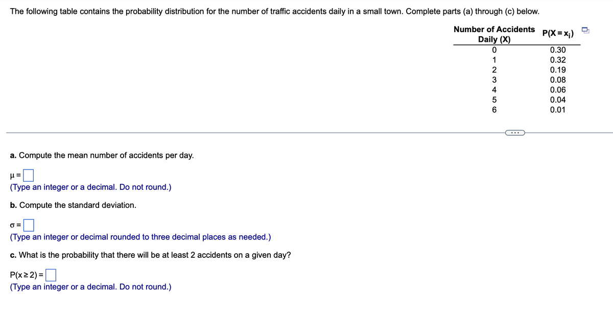 The following table contains the probability distribution for the number of traffic accidents daily in a small town. Complete parts (a) through (c) below.
Number of Accidents P(X= x₁)
Daily (X)
0
0.30
1
0.32
2
0.19
3
0.08
4
0.06
5
0.04
6
0.01
a. Compute the mean number of accidents per day.
μ:
(Type an integer or a decimal. Do not round.)
b. Compute the standard deviation.
0 =
(Type an integer or decimal rounded to three decimal places as needed.)
c. What is the probability that there will be at least 2 accidents on a given day?
P(x ≥ 2) =
(Type an integer or a decimal. Do not round.)