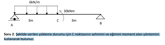 6kN/m
5 30kNm
3m
3m
В
Soru 2: Şekilde verilen yükleme durumu için C noktasının sehimini ve eğimini moment alan yöntemini
kullanarak bulunuz.
