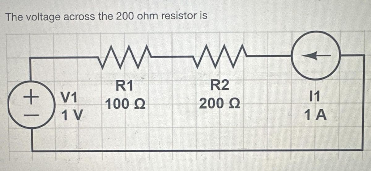 The voltage across the 200 ohm resistor is
+ V1
1 V
wwww
R1
100 Q
R2
200 Ω
11
1 A