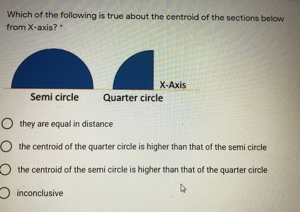 Which of the following is true about the centroid of the sections below
from X-axis? *
X-Axis
Semi circle
Quarter circle
O they are equal in distance
O the centroid of the quarter circle is higher than that of the semi circle
O the centroid of the semi circle is higher than that of the quarter circle
inconclusive
