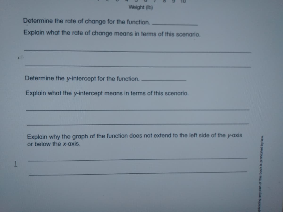 Weight (Ib)
Determine the rate of change for the function.
Explain what the rate of change means in terms of this scenario.
Determine the y-intercept for the function.
Explain what the y-intercept means in terms of this scenario.
Explain why the graph of the function does not extend to the left side of the y-axis
or below the x-axis.
I.
picating any part of this book is prohibited by law
