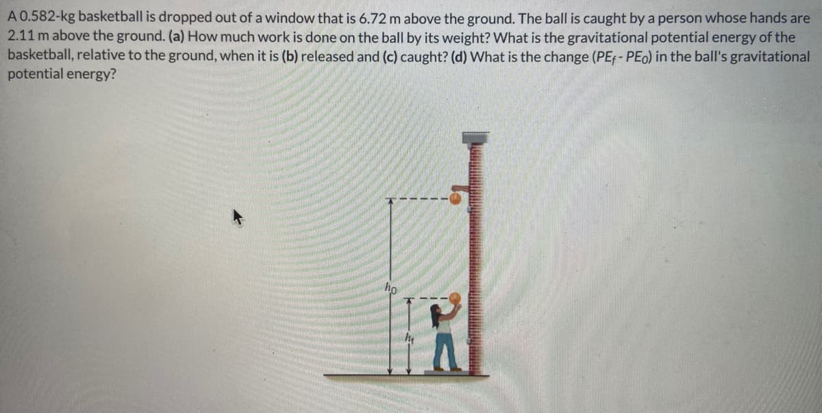 A 0.582-kg basketball is dropped out of a window that is 6.72 m above the ground. The ball is caught by a person whose hands are
2.11 m above the ground. (a) How much work is done on the ball by its weight? What is the gravitational potential energy of the
basketball, relative to the ground, when it is (b) released and (c) caught? (d) What is the change (PEf- PEo) in the ball's gravitational
potential energy?
