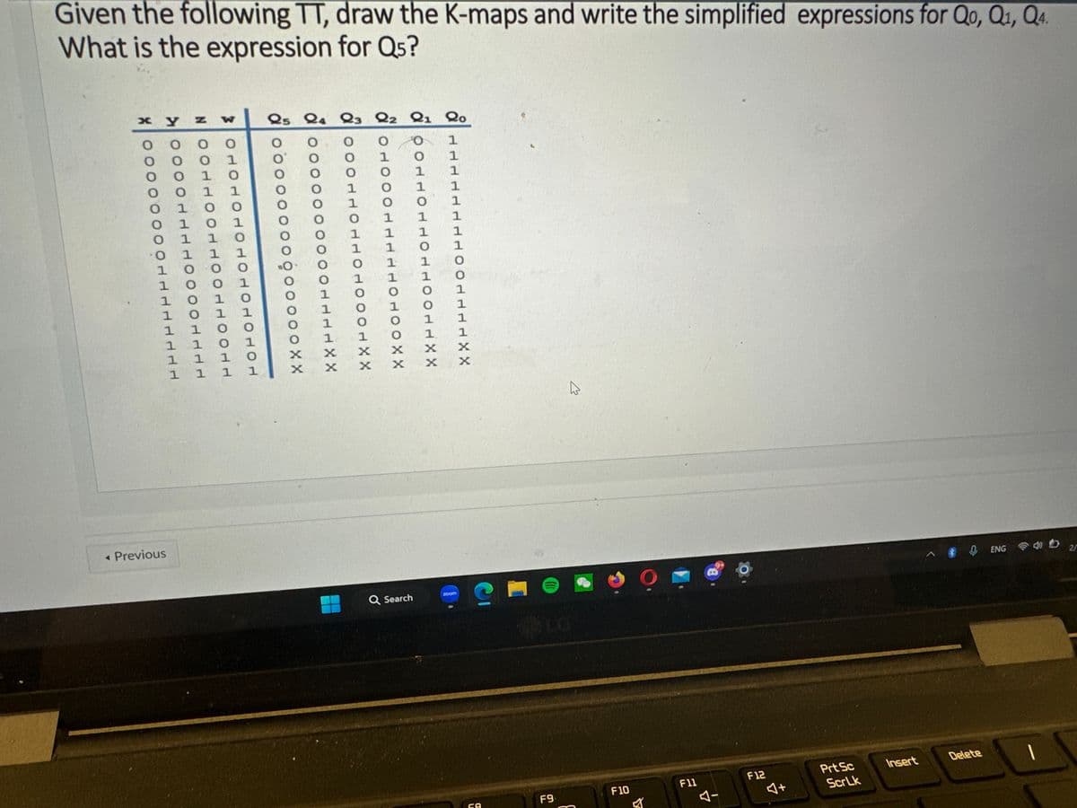 Given the following TT, draw the K-maps and write the simplified expressions for Qo, Q₁, Q4.
What is the expression for Qs?
XO
NOOHHOOHH
तलत
3 OHOHOHOHOHOHOHOH
OOHHOOTE
HAA
x y
1
1
1
1
1 1
< Previous
1
1
1 1
1 1
W
1
1
1
25 24 23 22 21 20
600
DOOOXX
1
1
1
XXH
OOOHHOHHOHOOOH XX
1
OHOOOHHd
1
HOHOOXX
OOHHOHHOHHOOHHXX
HOOHHHHXX
Q Search
1
1
1 1
1 1
1
1
1
1
1 1
1
1
1
1
1 1
?
CA
F9
E
F10
0
A
Fll
J-
F12
Prt Sc
ScrLk
Insert
Delete
ENG
1
2/