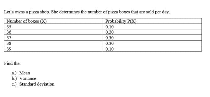 Leila owns a pizza shop. She determines the number of pizza boxes that are sold per day.
Number of boxes (X)
35
36
Probability P(X)
0.10
0.20
37
38
0.30
0.30
39
0.10
Find the:
a.) Mean
b.) Variance
c.) Standard deviation
