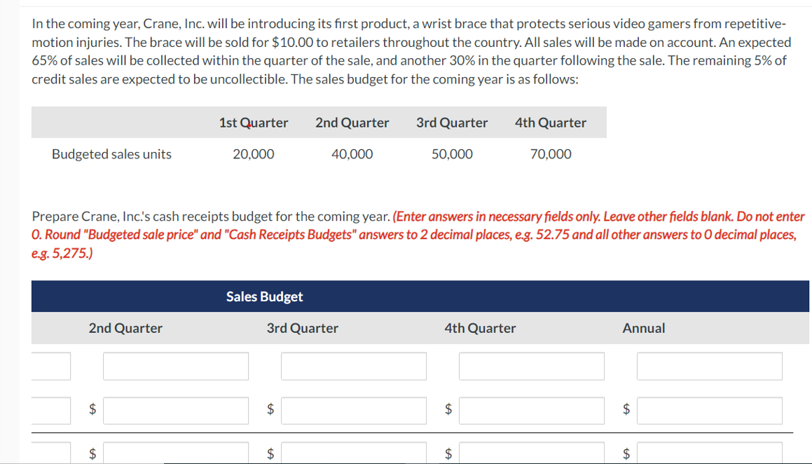 In the coming year, Crane, Inc. will be introducing its first product, a wrist brace that protects serious video gamers from repetitive-
motion injuries. The brace will be sold for $10.00 to retailers throughout the country. All sales will be made on account. An expected
65% of sales will be collected within the quarter of the sale, and another 30% in the quarter following the sale. The remaining 5% of
credit sales are expected to be uncollectible. The sales budget for the coming year is as follows:
Budgeted sales units
2nd Quarter
$
1st Quarter
$
20,000
Sales Budget
2nd Quarter
Prepare Crane, Inc.'s cash receipts budget for the coming year. (Enter answers in necessary fields only. Leave other fields blank. Do not enter
O. Round "Budgeted sale price" and "Cash Receipts Budgets" answers to 2 decimal places, e.g. 52.75 and all other answers to O decimal places,
e.g. 5,275.)
$
40,000
3rd Quarter
$
3rd Quarter
50,000
4th Quarter
4th Quarter
$
$
70,000
Annual
$
$
