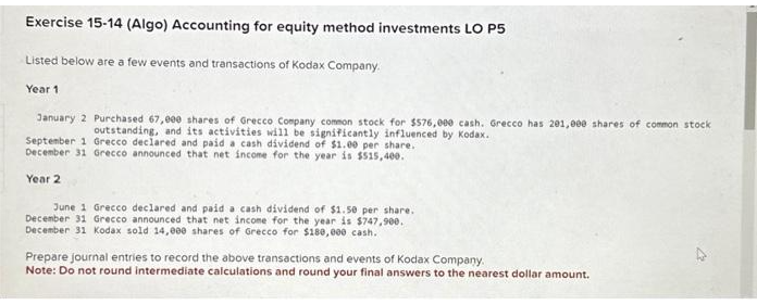 Exercise 15-14 (Algo) Accounting for equity method investments LO P5
Listed below are a few events and transactions of Kodax Company.
Year 1
January 2 Purchased 67,000 shares of Grecco Company common stock for $576,000 cash. Grecco has 201,000 shares of common stock
outstanding, and its activities will be significantly influenced by Kodax.
September 1 Grecco declared and paid a cash dividend of $1.00 per share.
December 31 Grecco announced that net income for the year is $515,400.
Year 2
June 1 Grecco declared and paid a cash dividend of $1.50 per share.
December 31 Grecco announced that net income for the year is $747,900.
December 31 Kodax sold 14,000 shares of Grecco for $180,000 cash.
Prepare journal entries to record the above transactions and events of Kodax Company.
Note: Do not round intermediate calculations and round your final answers to the nearest dollar amount.