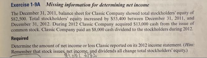 Exercise 1-9A Missing information for determining net income
The December 31, 2011, balance sheet for Classic Company showed total stockholders' equity of
$82,500. Total stockholders' equity increased by $53,400 between December 31, 2011, and
December 31, 2012. During 2012 Classic Company acquired $13,000 cash from the issue of
common stock. Classic Company paid an $8,000 cash dividend to the stockholders during 2012.
Required
Determine the amount of net income or loss Classic reported on its 2012 income statement. (Hint:
Remember that stock issues, net income, and dividends all change total stockholders' equity.)
322010 1. 31-32