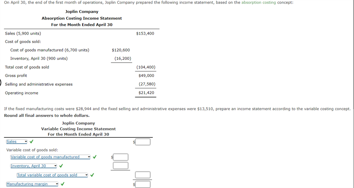 On April 30, the end of the first month of operations, Joplin Company prepared the following income statement, based on the absorption costing concept:
Joplin Company
Absorption Costing Income Statement
For the Month Ended April 30
Sales (5,900 units)
Cost of goods sold:
Cost of goods manufactured (6,700 units)
Inventory, April 30 (900 units)
Total cost of goods sold
Gross profit
Selling and administrative expenses
Operating income
Joplin Company
Variable Costing Income Statement
For the Month Ended April 30
Sales
✓
Variable cost of goods sold:
Variable cost of goods manufactured
If the fixed manufacturing costs were $28,944 and the fixed selling and administrative expenses were $13,510, prepare an income statement according to the variable costing concept.
Round all final answers to whole dollars.
Inventory, April 30
✓
Total variable cost of goods sold
Manufacturing margin
$120,600
(16,200)
✓
✓
$153,400
(104,400)
$49,000
(27,580)
$21,420