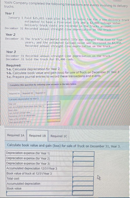 Yoshi Company completed the following transactions and events involving its delivery
trucks.
Year 1
January 1 Paid $25,015 cash plus $1,785 in sales tax for a new delivery truck
estimated to have a five-year life and a $2,000 salvage value.
Delivery truck costs are recorded in the Trucks account.
December 31 Recorded annual straight-line depreciation on the truck.
Year 2
December 31 The truck's estimated useful life was changed from five to four
years, and the estimated salvage value was increased to $2,850.
Recorded annual straight-line depreciation on the truck.
Year 3
December 31 Recorded annual straight-line depreciation on the truck.
December 31 Sold the truck for $5,400 cash.
Required:
1-a. Calculate depreciation for Year 2.
1-b. Calculate book value and gain (loss) for sale of Truck on December 31, Year 3.
1-c. Prepare journal entries to record these transactions and events.
Complete this question by entering your answers in the tabs below.
Required 1A Required 10 Required IC
Calculate depreciation for Year 2.
Total cost
Less accumulated depreciation (from Year 1)
Book value
Less revised salvage value
Remaining cost to be depreciated
Years of the remaining
Total depreciation for Year 2
Required 1A Required 18 Required 1C
Calculate book value and gain (loss) for sale of Truck on December 31, Year 3.
Depreciation expense (for Year 1)
Depreciation expense (for Year 2)
Depreciation expense (for Year 3)
Accumulated depreciation 12/31/Year 3
Book value of truck at 12/31/Year 3
Total cost
Accumulated depreciation
Book value
k