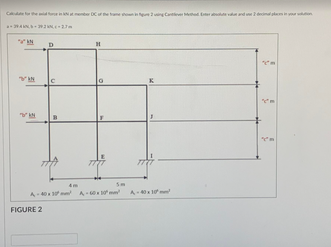 Calculate for the axial force in kN at member DC of the frame shown in figure 2 using Cantilever Method. Enter absolute value and use 2 decimal places in your solution.
a = 39.4 kN, b = 39.2 kN, c = 2.7 m
"a" kN
D
H
"c" m
"b" kN
K
"C" m
"b" kN
B
F
"c" m
4 m
5 m
A = 40 x 10° mm?
A = 60 x 10° mm?
A= 40 x 10° mm?
FIGURE 2
