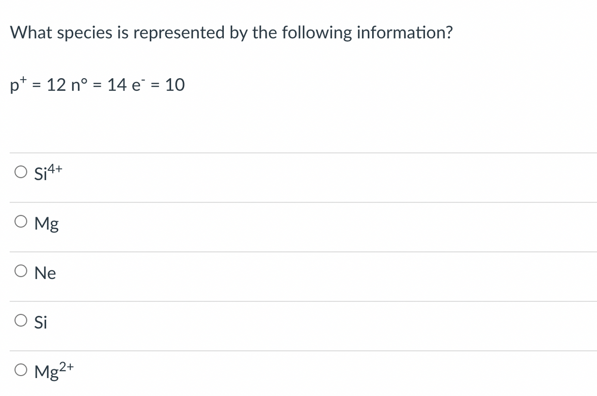 What species is represented by the following information?
pt = 12 n° = 14 e = 10
Si4+
O Mg
Ne
Si
O Mg2+