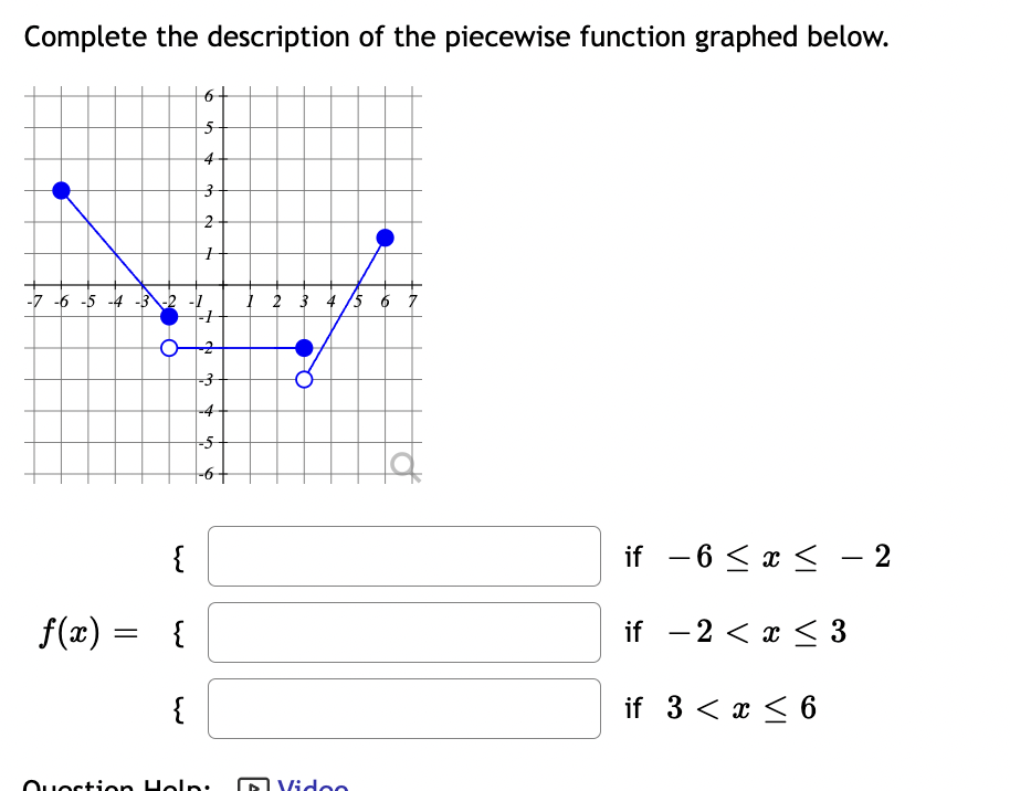 Complete the description of the piecewise function graphed below.
5
4
3
2
+
-7 -6 -5 -4 -3 -2 -1
{
f(x) = {
{
2
-3
-4
-5
uestion Help:
1 2 3 4/5 6
Video
LA
if -6 ≤ x ≤ - 2
if -2 < x≤ 3
if 3 < x < 6