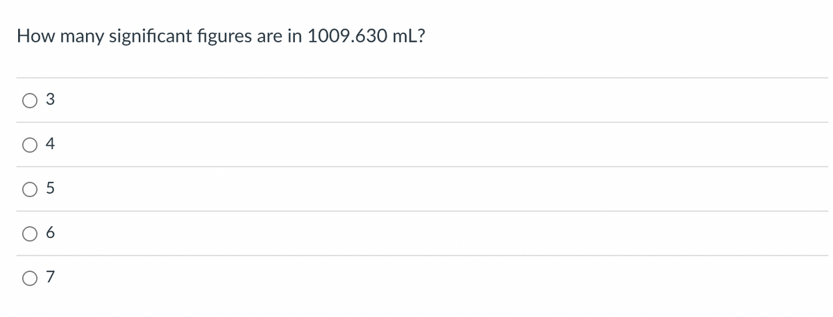 How many significant figures are in 1009.630 ml?
O
4
07