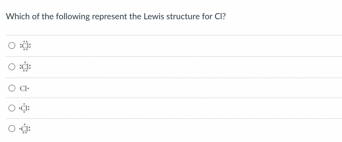 Which of the following represent the Lewis structure for Cl?
O ::
O :CI:
O CI:
O-CI: