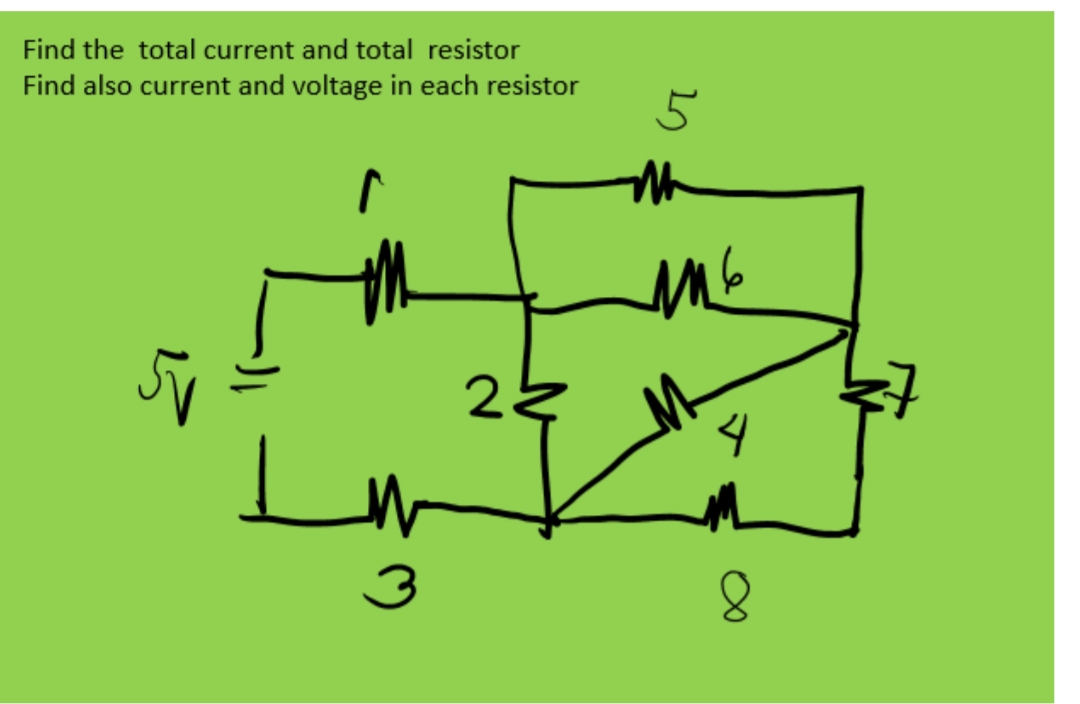 Find the total current and total resistor
Find also current and voltage in each resistor
3
22
5
M
лис
4