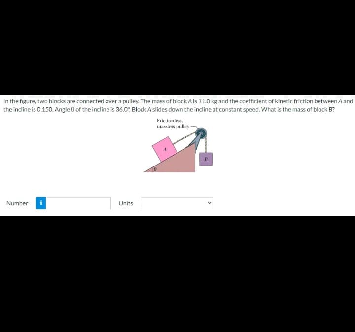 In the figure, two blocks are connected over a pulley. The mass of block A is 11.0 kg and the coefficient of kinetic friction between A and
the incline is 0.150. Angle 6 of the incline is 36.0°. Block A slides down the incline at constant speed. What is the mass of block B?
Frictionless,
massless pulley
Number
Units
