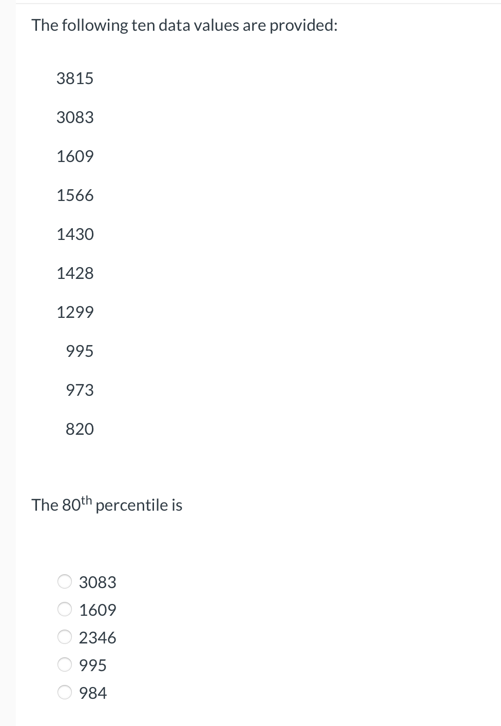 The following ten data values are provided:
3815
3083
1609
1566
1430
1428
1299
995
973
820
The 80th percentile is
3083
O 1609
2346
O 995
984
O O O
