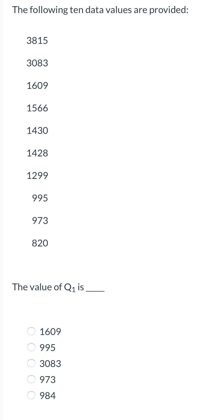 The following ten data values are provided:
3815
3083
1609
1566
1430
1428
1299
995
973
820
The value of Q1 is
1609
995
3083
973
984
O O O O O
