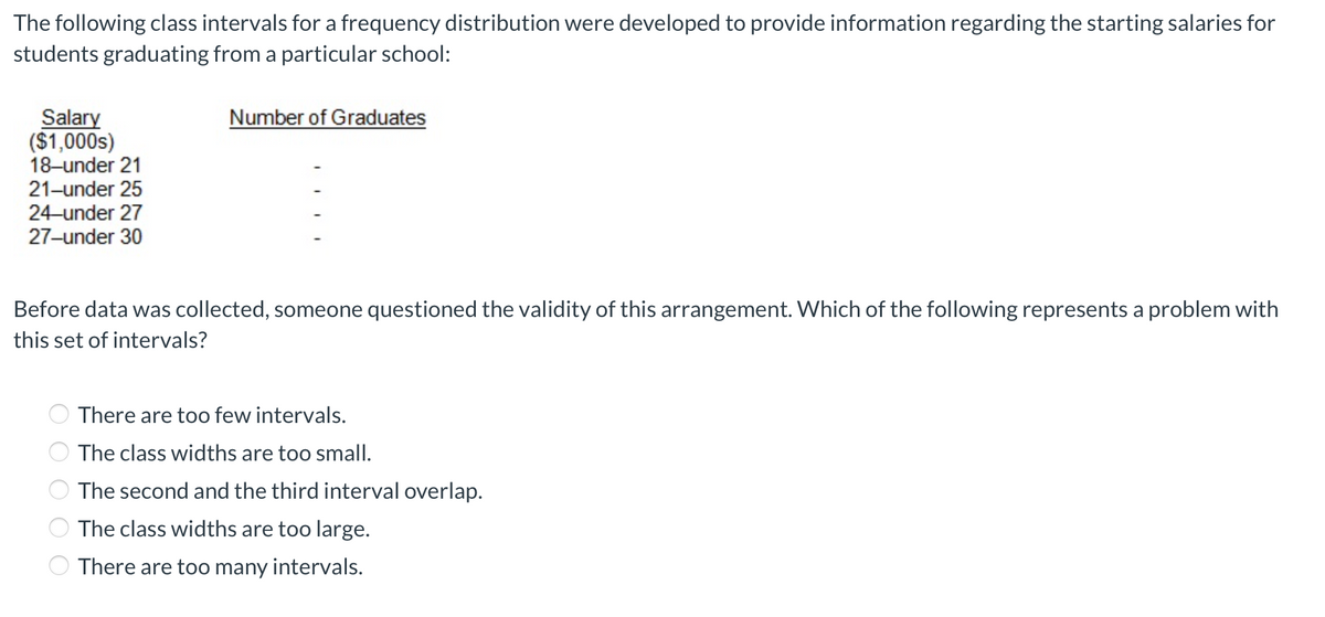 The following class intervals for a frequency distribution were developed to provide information regarding the starting salaries for
students graduating from a particular school:
Number of Graduates
Salary
($1,000s)
18-under 21
21-under 25
24-under 27
27-under 30
Before data was collected, someone questioned the validity of this arrangement. Which of the following represents a problem with
this set of intervals?
There are too few intervals.
The class widths are too small.
The second and the third interval overlap.
The class widths are too large.
There are too many intervals.
O O O O O
