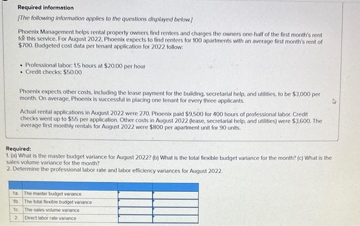 Required information
[The following information applies to the questions displayed below.]
Phoenix Management helps rental property owners find renters and charges the owners one-half of the first month's rent
for this service. For August 2022, Phoenix expects to find renters for 100 apartments with an average first month's rent of
$700. Budgeted cost data per tenant application for 2022 follow:
• Professional labor: 1.5 hours at $20.00 per hour
• Credit checks: $50.00
Phoenix expects other costs, including the lease payment for the building, secretarial help, and utilities, to be $3,000 per
month. On average, Phoenix is successful in placing one tenant for every three applicants.
Actual rental applications in August 2022 were 270. Phoenix paid $9,500 for 400 hours of professional labor. Credit
checks went up to $55 per application. Other costs in August 2022 (lease, secretarial help, and utilities) were $3,600. The
average first monthly rentals for August 2022 were $800 per apartment unit for 90 units.
Required:
1. (a) What is the master budget variance for August 2022? (b) What is the total flexible budget variance for the month? (c) What is the
sales volume variance for the month?
2. Determine the professional labor rate and labor efficiency variances for August 2022.
The master budget variance
1a
1b The total flexible budget vanance
1c. The sales volume variance
2 Direct labor rate variance