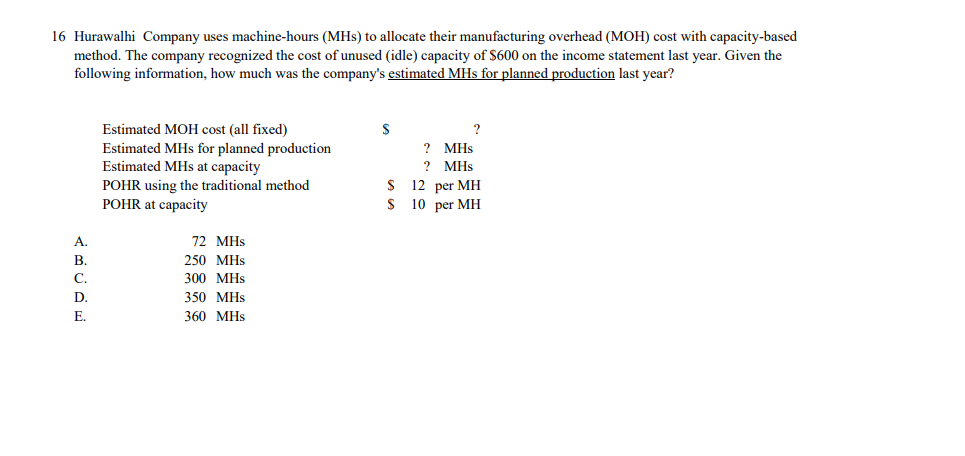 16 Hurawalhi Company uses machine-hours (MHs) to allocate their manufacturing overhead (MOH) cost with capacity-based
method. The company recognized the cost of unused (idle) capacity of $600 on the income statement last year. Given the
following information, how much was the company's estimated MHs for planned production last year?
A.
B.
C.
D.
E.
Estimated MOH cost (all fixed)
Estimated MHs for planned production
Estimated MHs at capacity
POHR using the traditional method
POHR at capacity
72 MHs
250 MHs
300 MHs
350 MHs
360 MHs
$
$
?
?
MHs
MHs
12 per MH
10 per MH