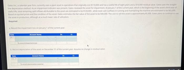 Gates Inc., a calendar year firm, currently uses a plant asset in operations that originally cost $110,000 and has a useful life of eight years and a $10,000 residual value. Gates uses the straight
line depreciation method. As an impairment indicator was present, Gates reviewed the asset for impairment. At January 1 of the current year, which is the beginning of the asset's third year of
useful life, total remaining cash inflows attributable to the asset are estimated to be $120,000, while total cash outflows in running and maintaining the machine are estimated to be $65,000,
Based on quoted prices and the condition of the asset, Gates estimates the fair value of the asset to be $40.000. The cost to sell the asset is approximately $5,000. Gates plans to continue to use
the asset in production, although at a much lower rate of utilization.
Required
a. Record the impairment loss on January 1 of the current year,
Date
Jan 1
Account Name
Date
Dec 31
To record met
Dr.
b. Record depreciation of the asset on December 31 of the current year. Assume no change in residual value.
Account Name
Cr.
Cr.