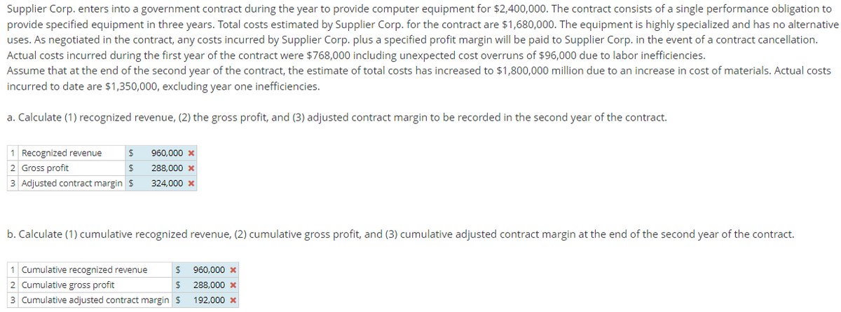 Supplier Corp. enters into a government contract during the year to provide computer equipment for $2,400,000. The contract consists of a single performance obligation to
provide specified equipment in three years. Total costs estimated by Supplier Corp. for the contract are $1,680,000. The equipment is highly specialized and has no alternative
uses. As negotiated in the contract, any costs incurred by Supplier Corp. plus a specified profit margin will be paid to Supplier Corp. in the event of a contract cancellation.
Actual costs incurred during the first year of the contract were $768,000 including unexpected cost overruns of $96,000 due to labor inefficiencies.
Assume that at the end of the second year of the contract, the estimate of total costs has increased to $1,800,000 million due to an increase in cost of materials. Actual costs
incurred to date are $1,350,000, excluding year one inefficiencies.
a. Calculate (1) recognized revenue, (2) the gross profit, and (3) adjusted contract margin to be recorded in the second year of the contract.
1 Recognized revenue $
960,000 *
2 Gross profit
$
288,000 *
3 Adjusted contract margin $ 324,000 *
b. Calculate (1) cumulative recognized revenue, (2) cumulative gross profit, and (3) cumulative adjusted contract margin at the end of the second year of the contract.
1 Cumulative recognized revenue $
2 Cumulative gross profit
$
3 Cumulative adjusted contract margin $
960,000 *
288,000 x
192,000 *