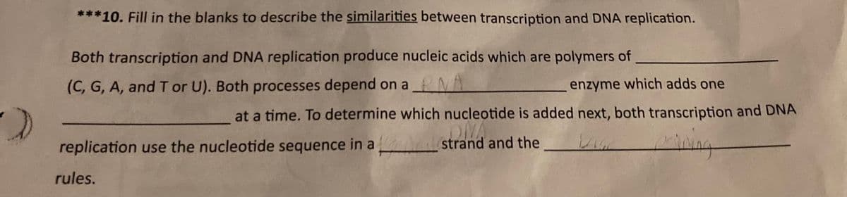***10. Fill in the blanks to describe the similarities between transcription and DNA replication.
Both transcription and DNA replication produce nucleic acids which are polymers of
(C, G, A, and T or U). Both processes depend on a
enzyme which adds one
at a time. To determine which nucleotide is added next, both transcription and DNA
replication use the nucleotide sequence in a _strand and the
rules.
