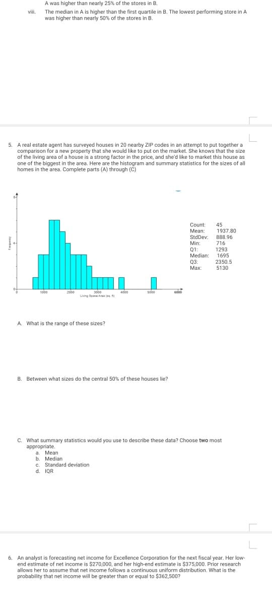 A was higher than nearly 25% of the stores in B.
The median in A is higher than the first quartile in B. The lowest performing store in A
was higher than nearly 50% of the stores in B.
vii.
5. A real estate agent has surveyed houses in 20 nearby ZIP codes in an attempt to put together a
comparison for a new property that she would like to put on the market. She knows that the size
of the living area of a house is a strong factor in the price, and she'd like to market this house as
one of the biggest in the area. Here are the histogram and summary statistics for the sizes of all
homes in the area. Complete parts (A) through (C)
Count:
Mean:
StdDev:
Min:
45
1937.80
888.96
716
Q1:
Median:
Q3:
Маx:
1293
1695
2350.5
5130
2000
6000
3000
Living Space Area (.
1000
4000
5000
a.
A. What is the range of these sizes?
B. Between what sizes do the central 50% of these houses lie?
C. What summary statistics would you use to describe these data? Choose two most
appropriate.
а. Меan
b. Median
c. Standard deviation
d. IQR
6. An analyst is forecasting net income for Excellence Corporation for the next fiscal year. Her low-
end estimate of net income is $270,000, and her high-end estimate is $375,000. Prior research
allows her to assume that net income follows a continuous uniform distribution. What is the
probability that net income will be greater than or equal to $362,500?
