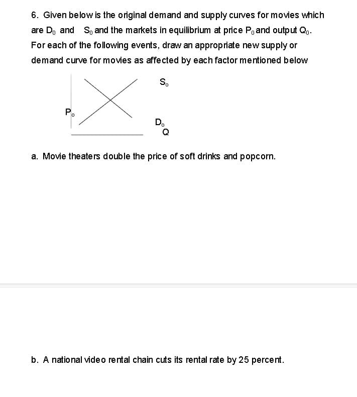 6. Given below is the original demand and supply curves for movies which
are D, and S, and the markets in equilibrium at price P, and output Q.
For each of the following events, draw an appropriate new supply or
demand curve for movies as affected by each factor mentioned below
S。
P。
D₂
a. Movie theaters double the price of soft drinks and popcorn.
b. A national video rental chain cuts its rental rate by 25 percent.