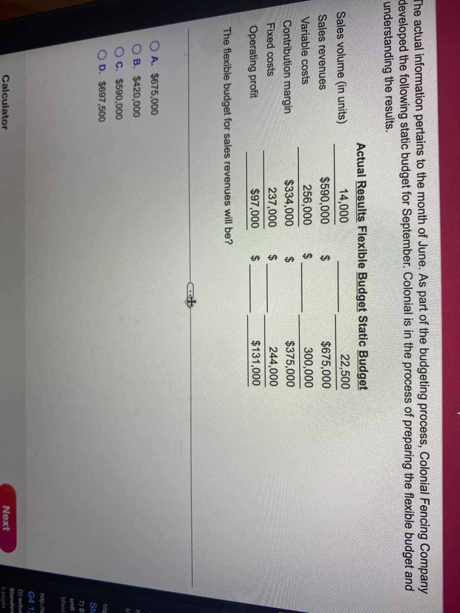 The actual information pertains to the month of June. As part of the budgeting process, Colonial Fencing Company
developed the following static budget for September. Colonial is in the process of preparing the flexible budget and
understanding the results.
Actual Results Flexible Budget Static Budget
22,500
Sales volume (in units)
14,000
Sales revenues
$590,000
$675,000
Variable costs
256,000
2$
300,000
Contribution margin
$334,000
24
$375,000
Fixed costs
237,000
24
244,000
Operating profit
$97,000
2$
$131,000
The flexible budget for sales revenues will be?
A. $675,000
O B. $420,000
Oc. $590,000
O D. $697,500
http
Sta
7) S
unit
Missin
http://w
G4 1)
D) actua
Standare
Calculator
Next
3 pages
